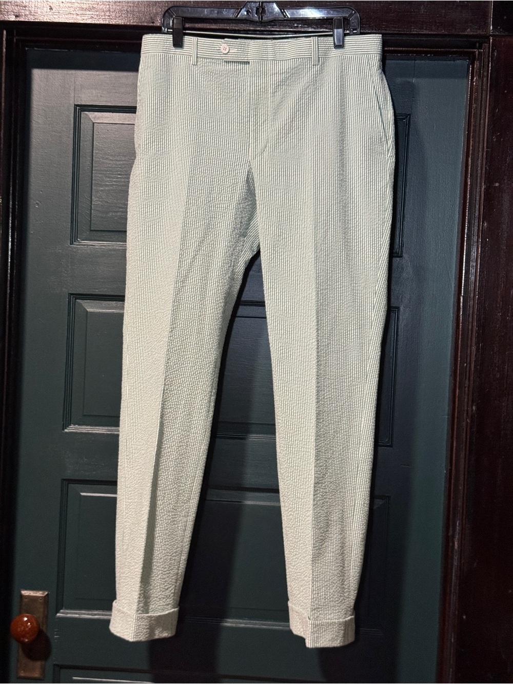 Haspel - Men's Striped Light Sage Flat Front & Cuffed Seersucker Pants 34 / 32